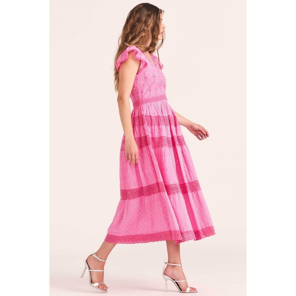 NWT LoveShackFancy Abena Cotton V-Neck‎ Midi Dress in Hot Pink Size 2 $495 - Picture 4 of 7